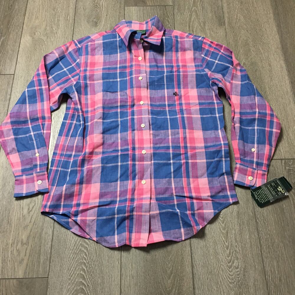 Ralph Lauren 100% Linen Plaid Button Down Shirt in Pink Size Small NWT